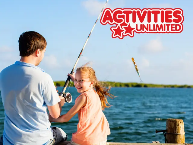 Father and daughter fishing with Activities Unlimited logo in the top right