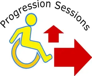 A yellow figure in an orange wheelchair is about to move. A red arrow points to the left and up into the distance.