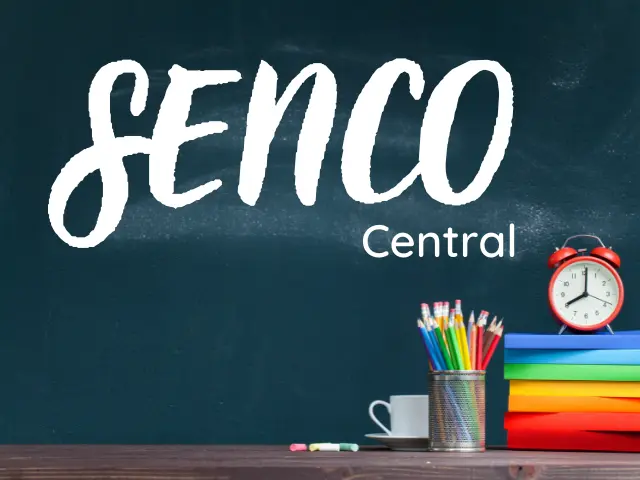 A blackboard saying SENCO Central with a pile of books and some pencils