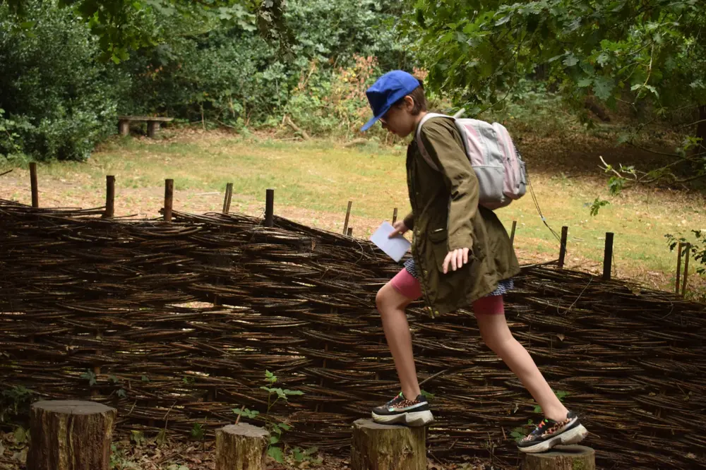 young person stepping over logs
